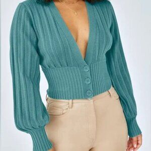 Wilfred Thais Teal Plunge Front Cardigan Size Small *FLAW*